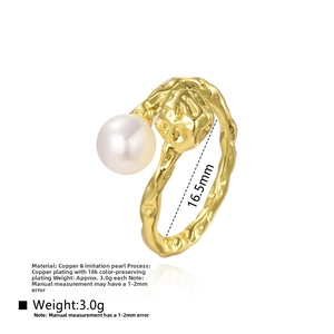 Detail of 18k gold plated copper ring showing white pearl and size specifications