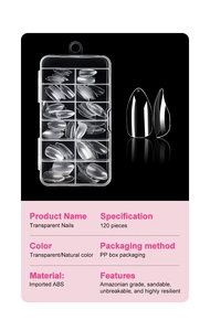 Detail of 120pcs transparent medium almond nail tips in a storage box with ABS specs