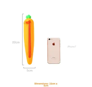 Detailed view of carrot silicone pencil case showing 22cm length compared to an iPhone 7