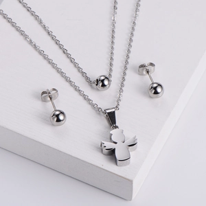 Collier double couche en acier inoxydable avec pendentifs en perles et boucles d'oreilles