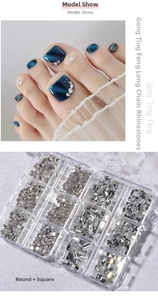 Flatback nail art rhinestones in round and square shapes applied on dark blue toenails