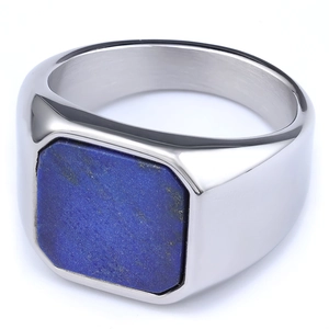 Polished silver stainless steel signet ring with a square blue lapis lazuli stone inlay