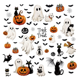 Halloween window clings set featuring ghosts, pumpkins, bats and black cats decor