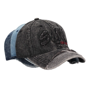 Distressed denim baseball cap with SMK embroidery and red STAY REAL text