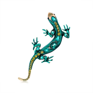 Vintage lizard brooch with gold alloy base and green enamel crystal rhinestones