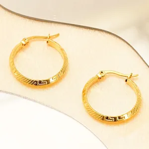 Polished 18K gold plated stainless steel hoop earrings with Greek key pattern