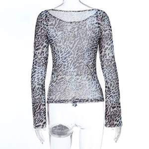 Back view of leopard print sheer mesh top with slim fit long sleeves and round neck
