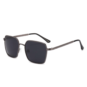 Polarized gunmetal square frame sunglasses with black lenses and metallic temples
