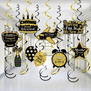 Retirement Party Decorations Hanging Swirls Black And Gold Foil Ceiling Streamers Cardstock Card For Retired Celebration