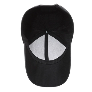 Adjustable black cotton baseball cap showing internal structure and brim detail