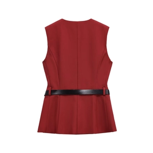 Rear view detail of a red sleeveless vest with a black leather belt and back seams