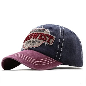 Vintage distressed baseball cap in navy and burgundy with Midwest embroidery and washed cotton