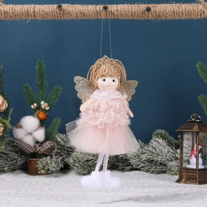 Pink Christmas angel doll ornament with mesh skirt and golden wings for tree decoration