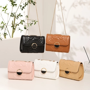 Women Quilted Crossbody Bag PU Leather Chevron Chain Shoulder Bag Round Buckle Small Square Purse Elegant Daily