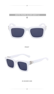 Front and 45-degree side views of square sunglasses with white frames and silver gray lenses