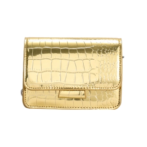 Mini gold patent leather crossbody bag with crocodile pattern and metallic chain