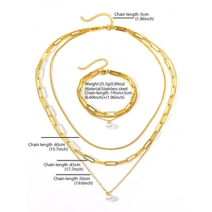 Detailed size chart for triple-layered gold metal chain necklace with pearl pendants