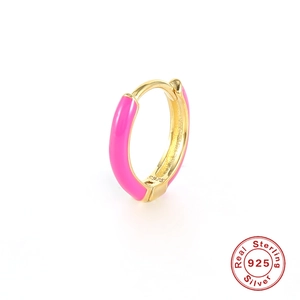 Detailed macro view showing S925 hallmark on gold plated pink enamel hoop earring
