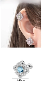 Detail view of 1.42cm floral snowflake earrings with colorful zircon and screw back