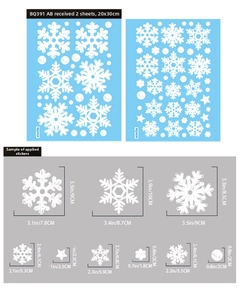 Size chart for white snowflake static stickers with dimensions in CM and inches