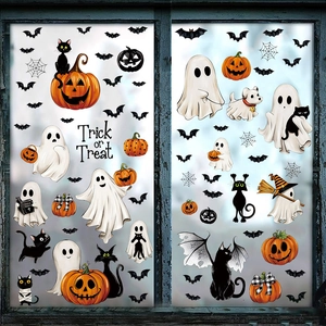 Halloween window stickers featuring cartoon ghosts, pumpkins, bats and black cats decor