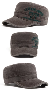 Detailed views of washed cotton military cap with vintage embroidery and flat top