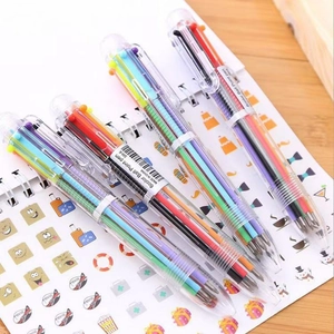Transparent six-color retractable ballpoint pen set on a cute cartoon notebook page