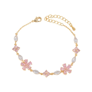Elegant gold-plated bracelet with pink petal-shaped zircons and marquise crystals