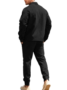 Rear view of men's casual black zip-up workwear set with joggers on white background