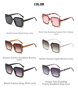 Detailed grid view of square sunglasses in six assorted colors with metal side accents
