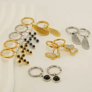 Butterfly Cross Wing Pendant Hoop Earrings For Women 18K Gold Plated Stainless Steel With Shell And Zircon