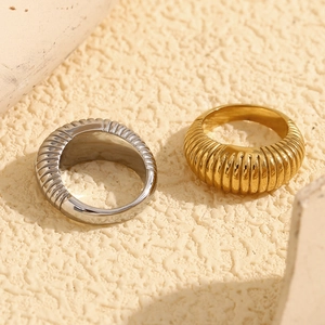 Vertical textured wide band ring in 18K gold and silver plated stainless steel finishes