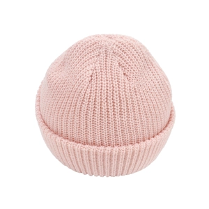 Detailed view of pink knitted beanie with ribbed texture and folded cuff for toddlers