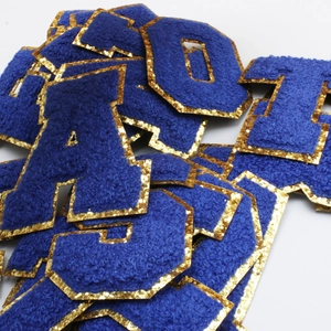 Royal blue chenille patch with gold glitter borders for clothing accessories and DIY crafts