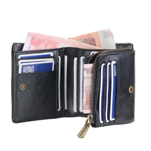 Baellerry black leather men's wallet with multi-card slots and chain in a trifold design