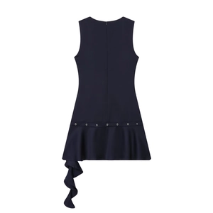 Navy blue sleeveless dress with back zipper, metal eyelet studs and asymmetric hemline