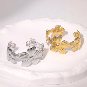 Stainless Steel Flower Open Cuff Bangle Brushed Texture Vintage Retro Style Wide Band Women Jewelry