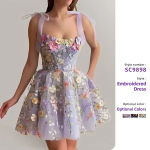 Women Elegant 3D Floral Embroidered Lace Dress Spaghetti Strap Bow Tie A-Line Party Evening Midi Dress For Banquet Wedding