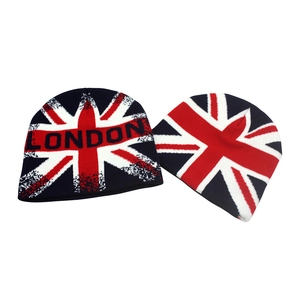 British flag style knit beanie hats with red white and blue London knit lettering
