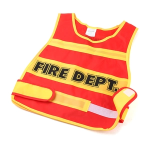 Kids firefighter role play vest in bright red with reflective strips and Fire Dept logo
