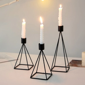 Set of 3 minimalist black iron geometric candle holders in varying heights for home decor