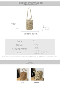 Detail view of woven straw bucket bag showing dimensions 18x23x11cm and drawstring liner