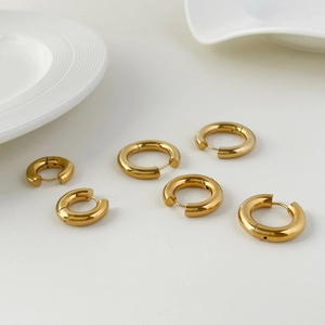 Three sizes of 18K gold plated stainless steel chunky hoop earrings on white background