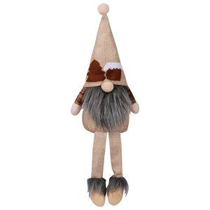 Forest style long-legged Christmas gnome doll with burlap texture and faux fur beard