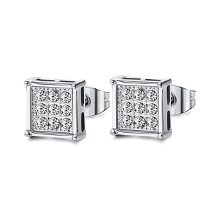 Square titanium steel stud earrings featuring nine clear cubic zirconia stones for women