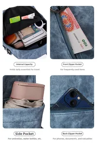 Detail view of denim backpack showing main compartment, side pockets and anti-theft back pocket