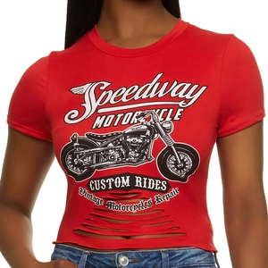 Detail of red vintage motorcycle print t-shirt featuring raw distressed fringe hem