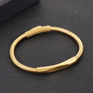 Macro shot of gold snake chain bracelet with polished plaque on black matte background