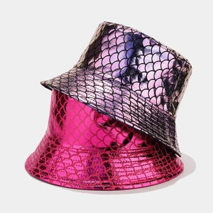 Detail of colorful fish scale texture on iridescent reversible bucket hats for women