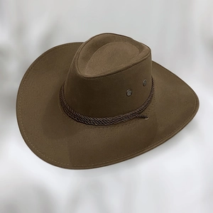 Detailed view of brown Western cowboy hat with braided rope and ventilation eyelets